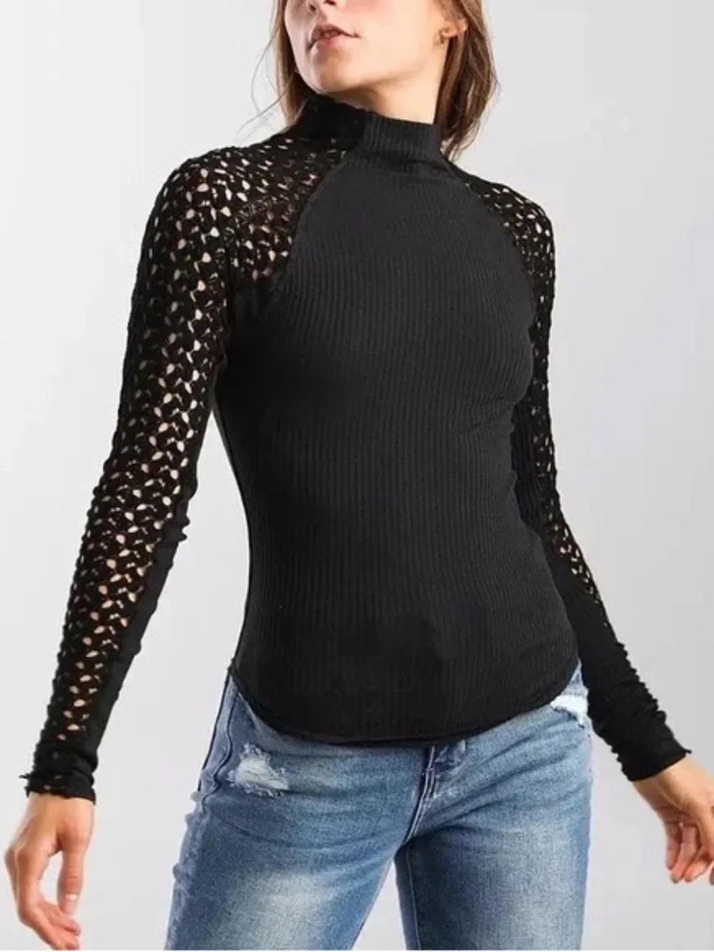 Free People Clemente Mock Neck Crochet Sleeve Top Black Size S